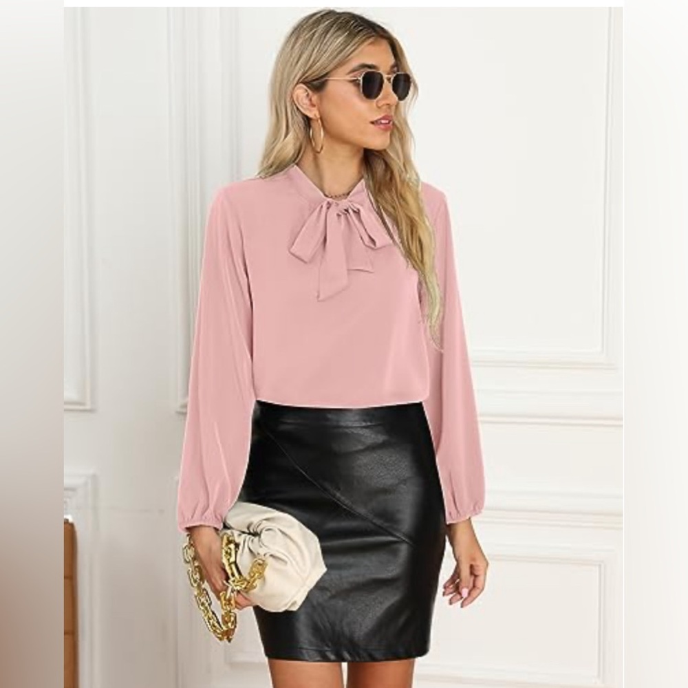 NWT Acevog Dusty Pink Tie Neck Chiffon Blouse Small Feminine Career Top